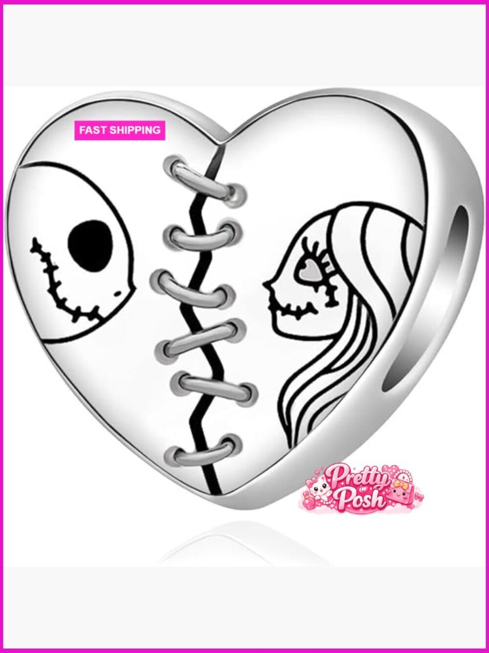 925 Sterling Silver Jack and Sally Charm Heart Bead Halloween Jewelry